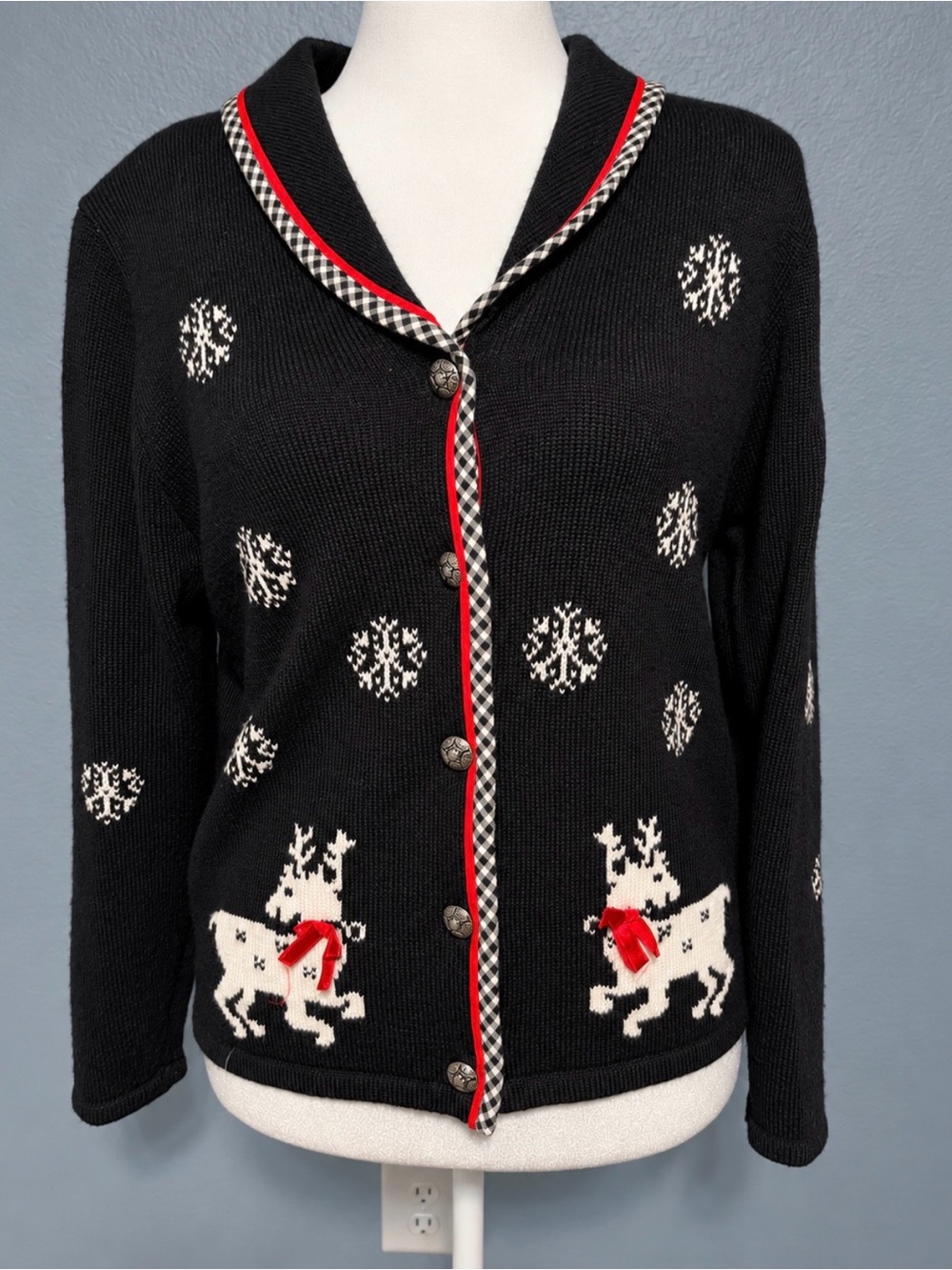 Vtg Susan Bristol Reindeer Christmas Cardigan Black Grandmacore Sweater Medium